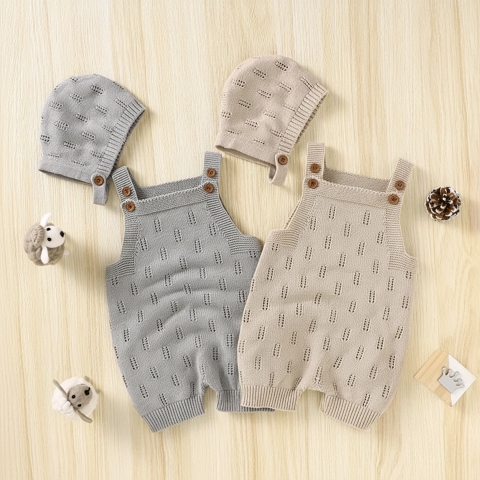 MiniCozy – Weich & bequem – Gestrickte Baby-Latzhose mit Mütze