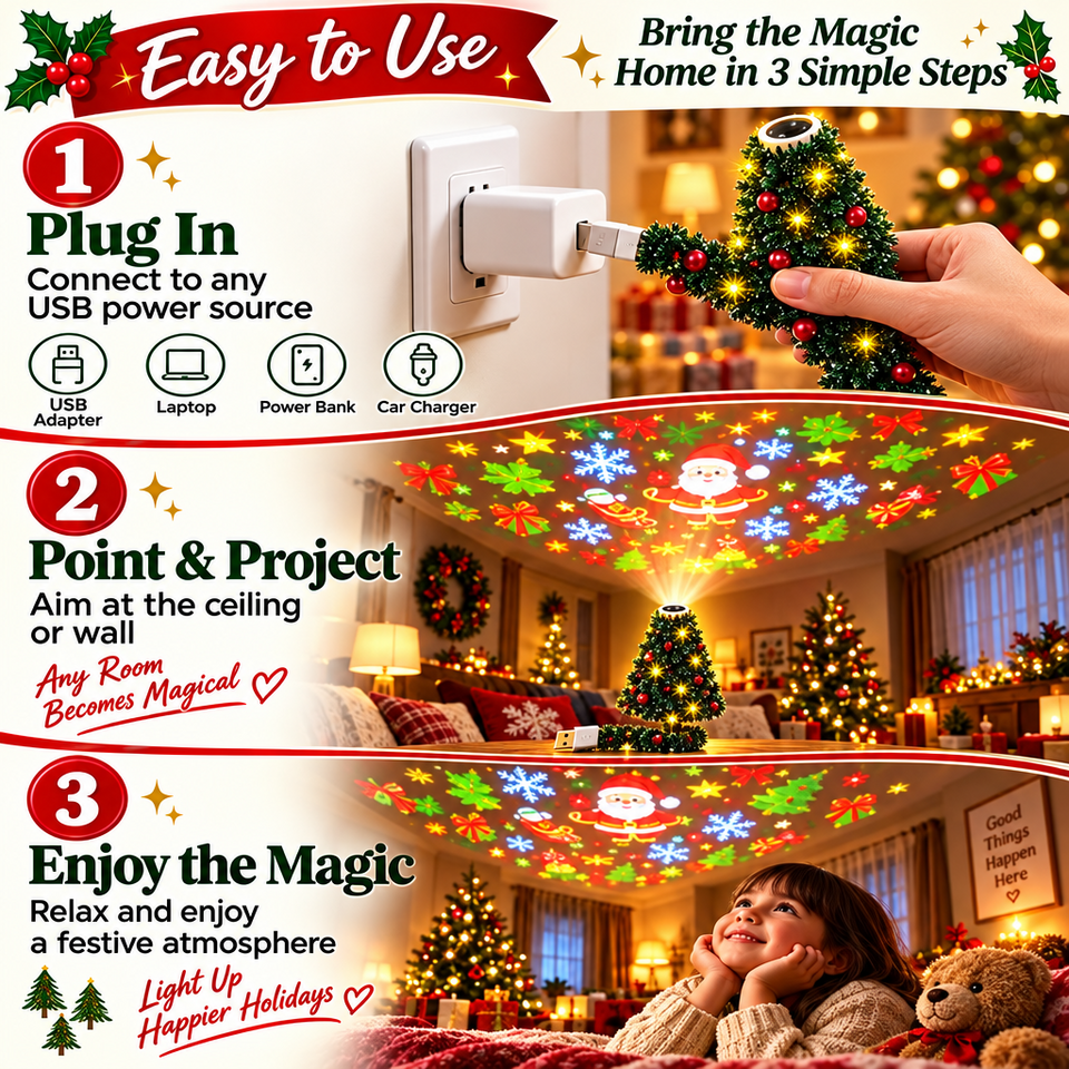 HolidayBeam – Festlich & stimmungsvoll – USB-Weihnachtsprojektor mit Lichtmustern