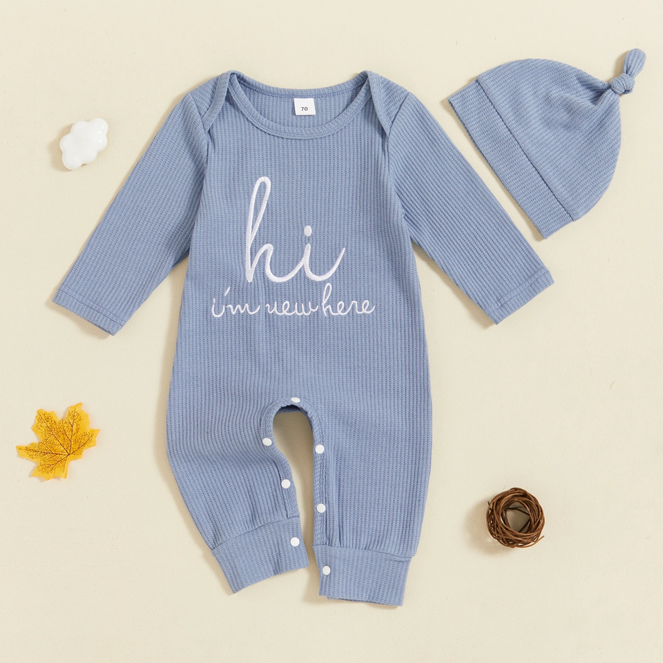 CuddleBaby – Hallo, ich bin neu hier – Set aus Baby-Strampler und Mütze