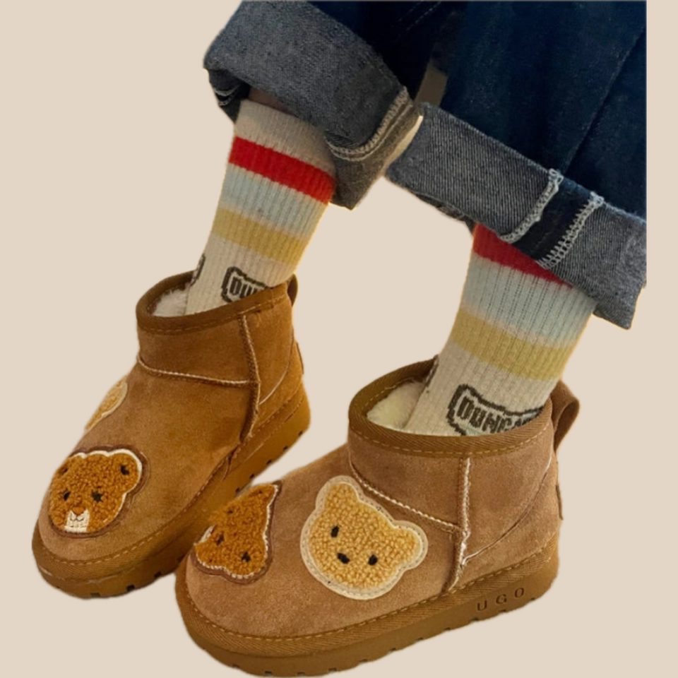 Mini Fashion - Brun ankelstøvle i ruskind med bjørne