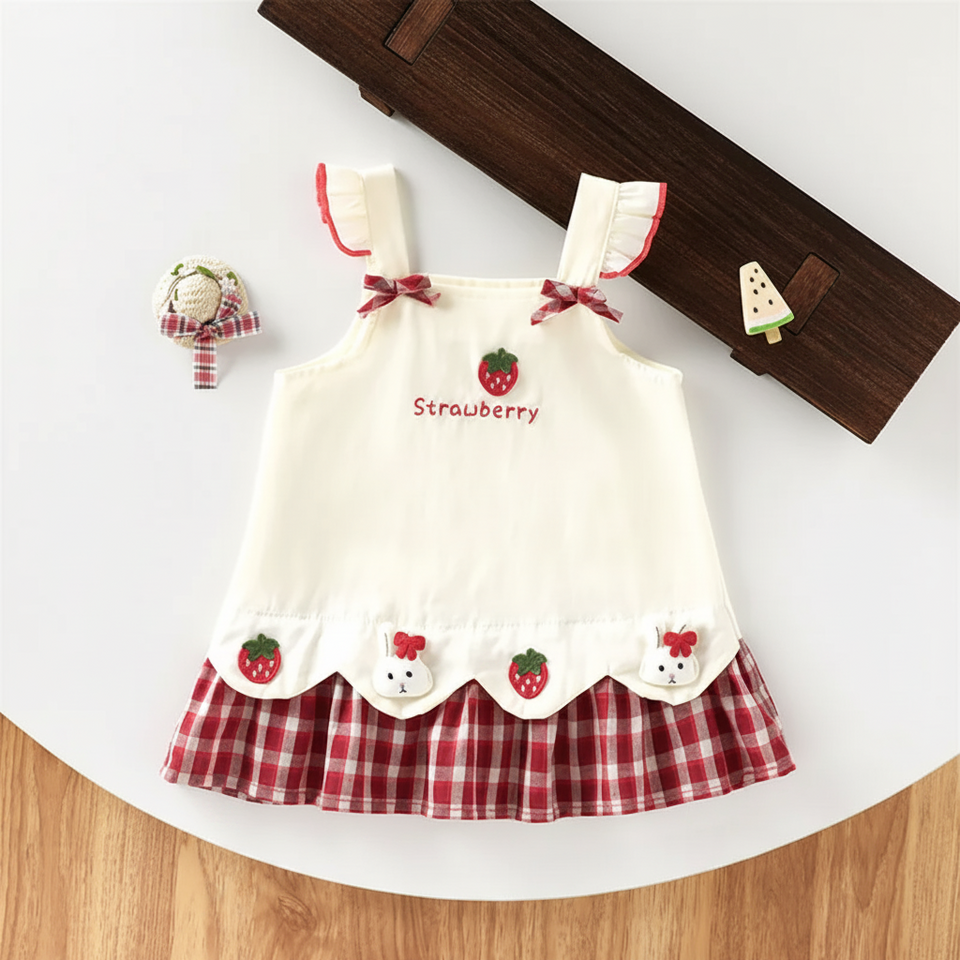 BerryBloom – Süß & bequem – Mädchenkleid mit Erdbeer- und Hasen-Aufnäher