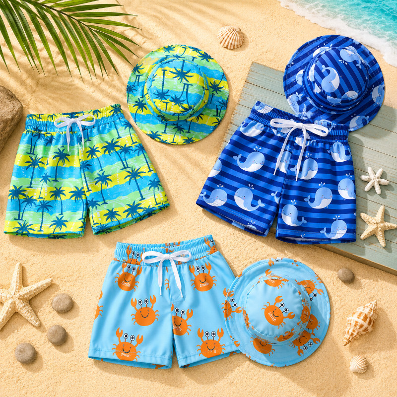 Beach Set – Farbenfroh & stilvoll – Badehose mit Aufdruck & Hut