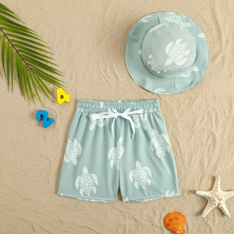 Beach Set – Farbenfroh & stilvoll – Badehose mit Aufdruck & Hut