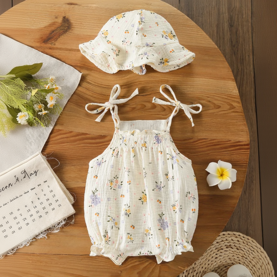 LittleBlossom – Sommerlich, bequem und stilvoll – Baby-Sling-Body mit Hut