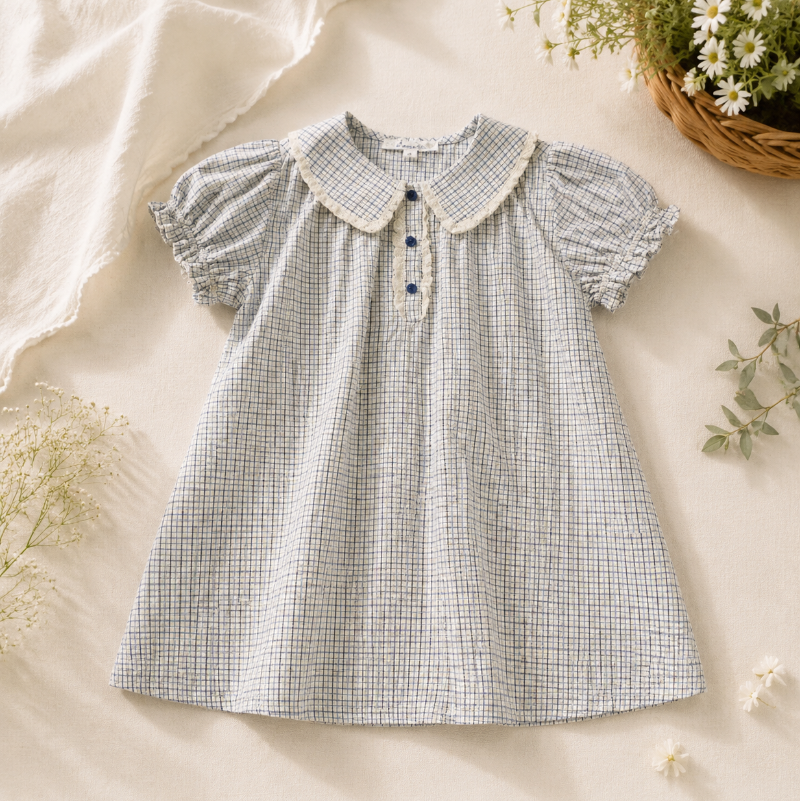 Check Dress – Weich & atmungsaktiv – Klassischer Kragen mit Puffärmeln