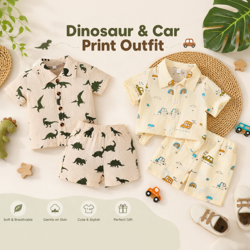 Dinosaur & Car Print Outfit – Cool & Verspielt – Sommer-Outfit
