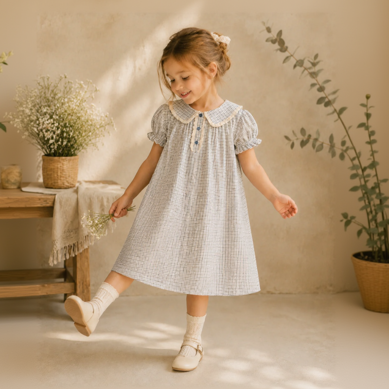 Check Dress – Weich & atmungsaktiv – Klassischer Kragen mit Puffärmeln