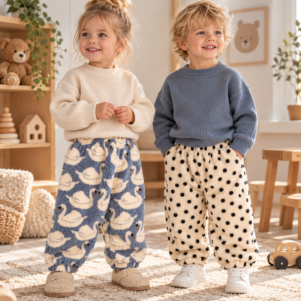 FuzzyPants – Weich & warm – Plüsch-Kinderhose mit verspielten Motiven