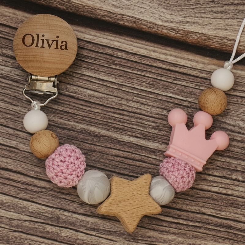 Baby Pacifier Holder –  Mit Namen – Personalisierte Holz- und Silikonperlen