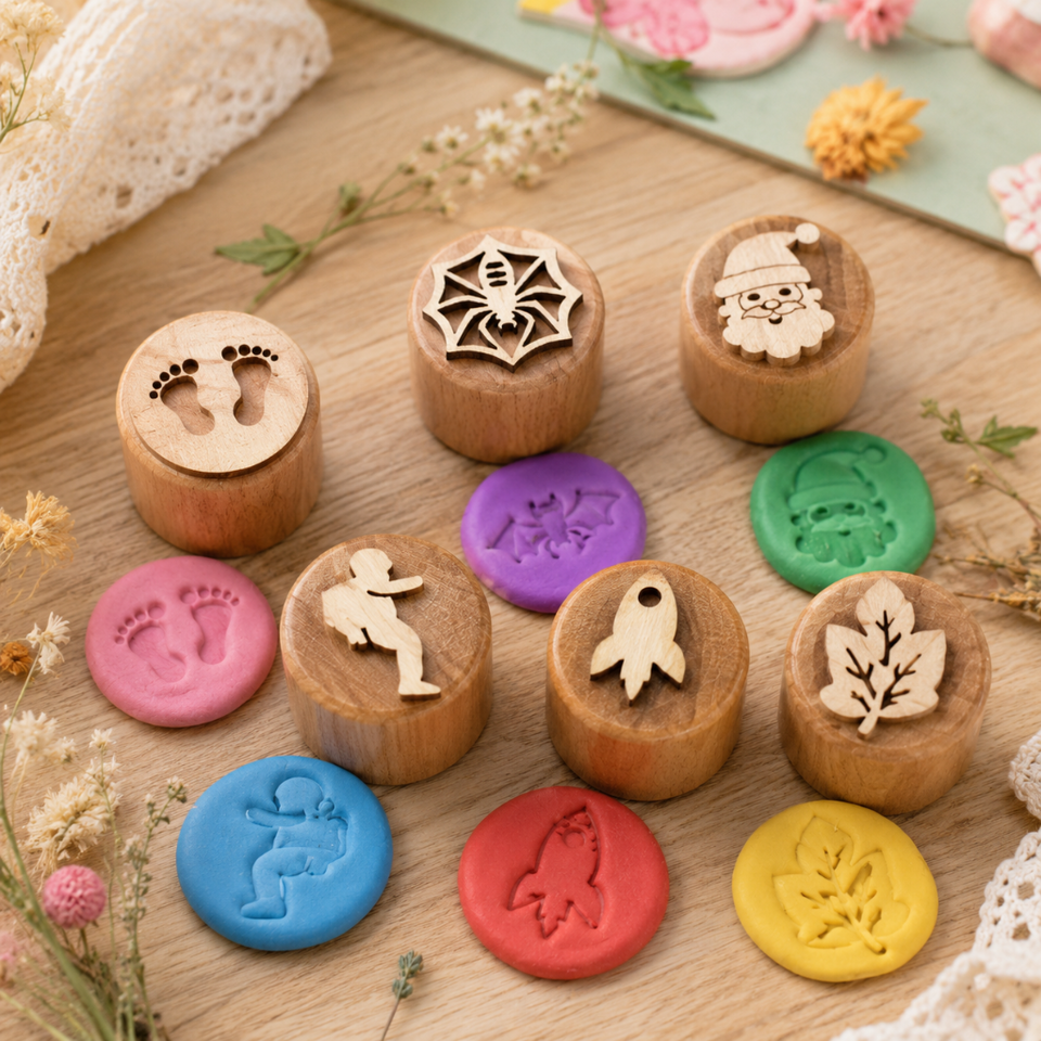 WoodStamp – Montessori & Kreativ – 6 Stück Holz-Knetstempel