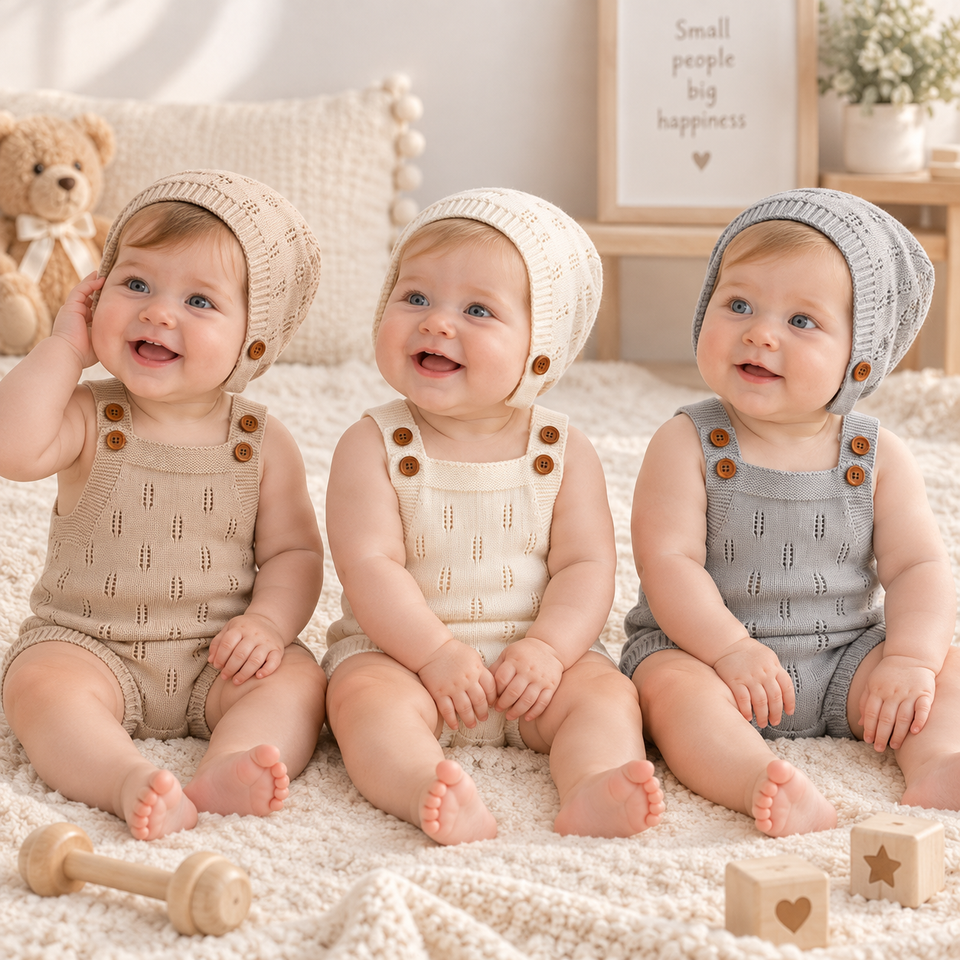 MiniCozy – Weich & bequem – Gestrickte Baby-Latzhose mit Mütze