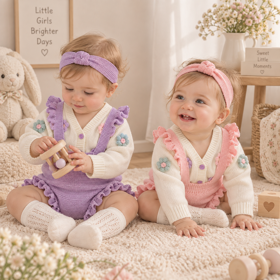 FloraKnit – Weich & niedlich – Baby-Outfit mit Strickjacke, Latzhose und Haarband