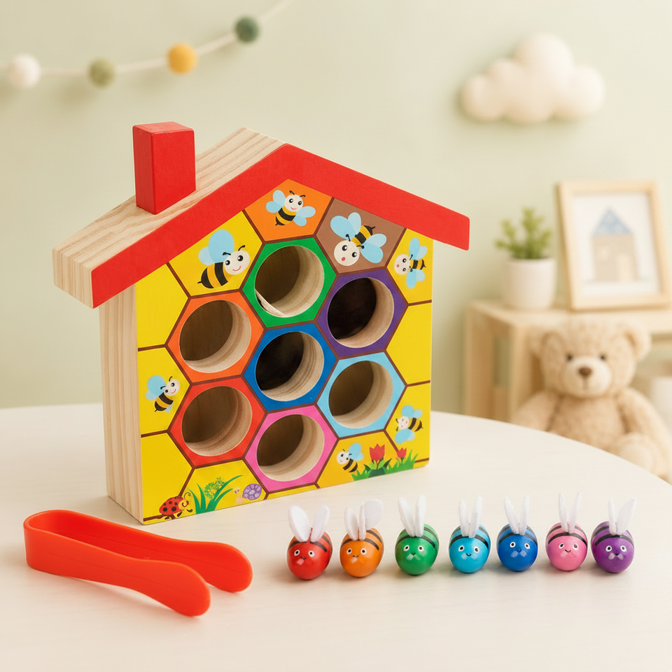 HoneyHive – Montessori & pädagogisch wertvoll – Bienen-Sortierspiel aus Holz