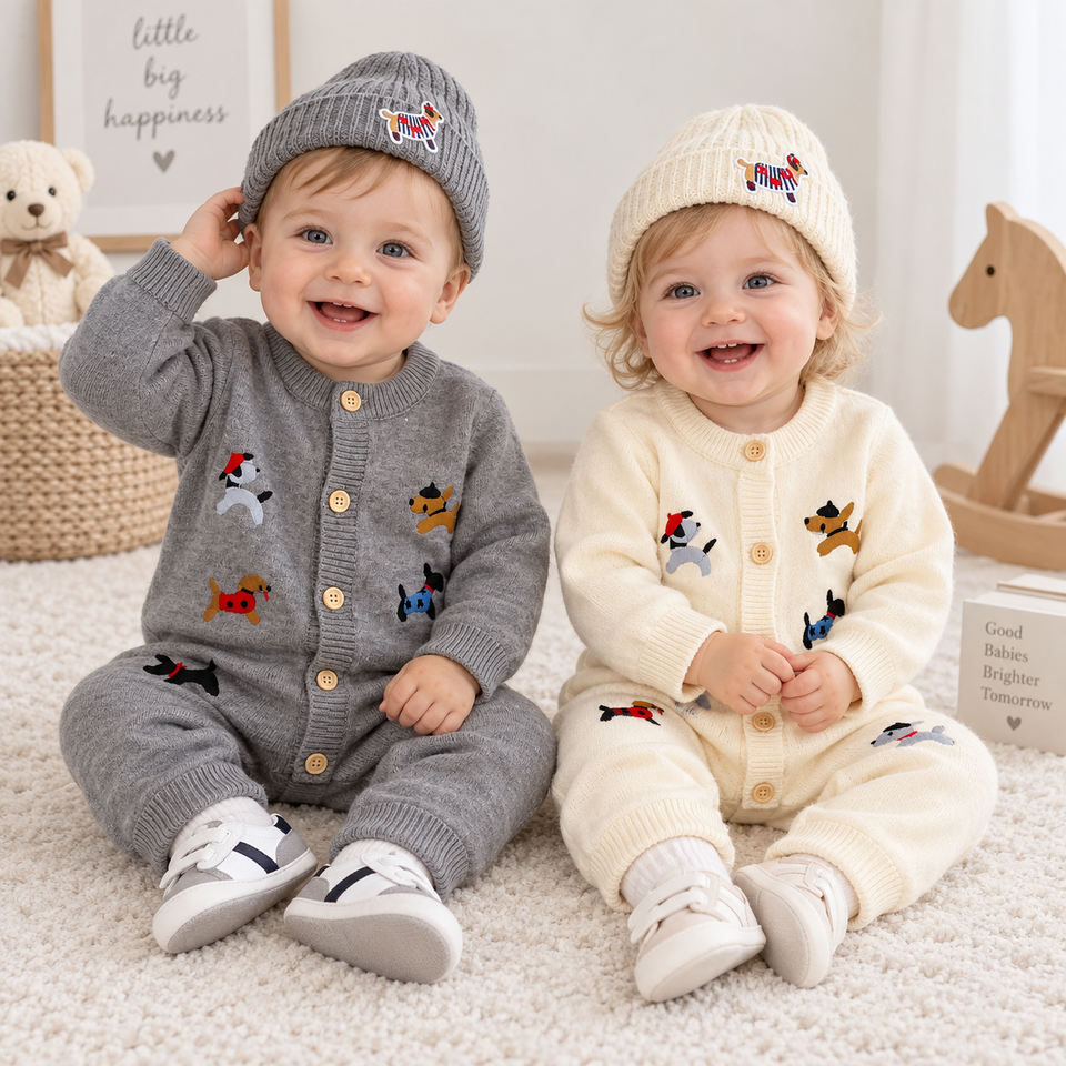 PlayfulKnit – Weich & niedlich – Gestrickter Baby-Strampler mit Hundemotiv