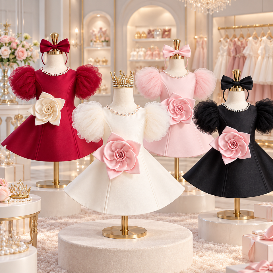 LittleRose – Elegant & festlich – Mädchenkleid mit 3D-Blume und Puffärmeln