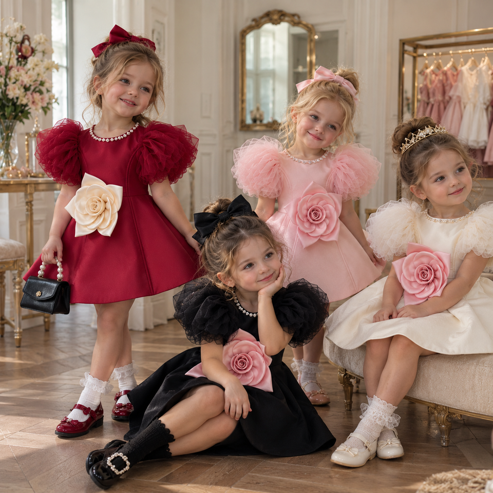 LittleRose – Elegant & festlich – Mädchenkleid mit 3D-Blume und Puffärmeln