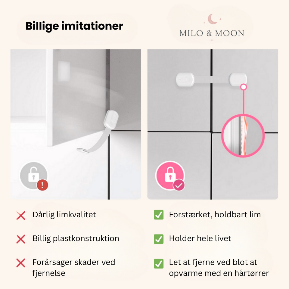 Milo & Moon – Usynlig sikkerhed – Børnesikre skabs- og skuffelåse (8 stk.)