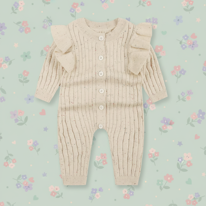 MiniAurora – Zart & elegant – Gestrickter Baby-Strampler mit Engelsflügeln und Stirnband