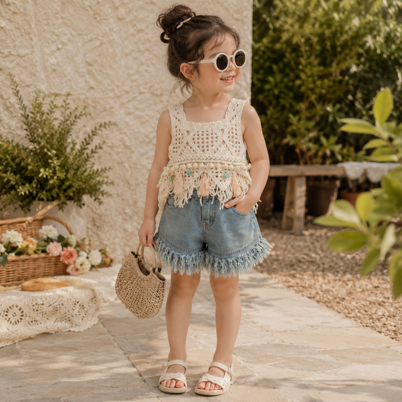 MiniChic – Stilvoll & bequem – Set aus Boho-Top und Jeansshorts