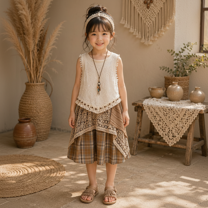 TinyTrends – Boho-Chic & Niedlich – Gehäkeltes Oberteil mit kariertem Rock