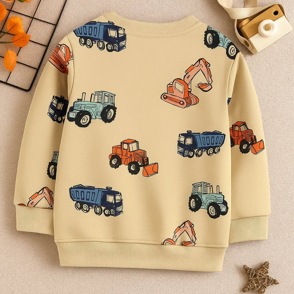 TruckTales – Blød og varm - sweater med farverige byggekøretøjer