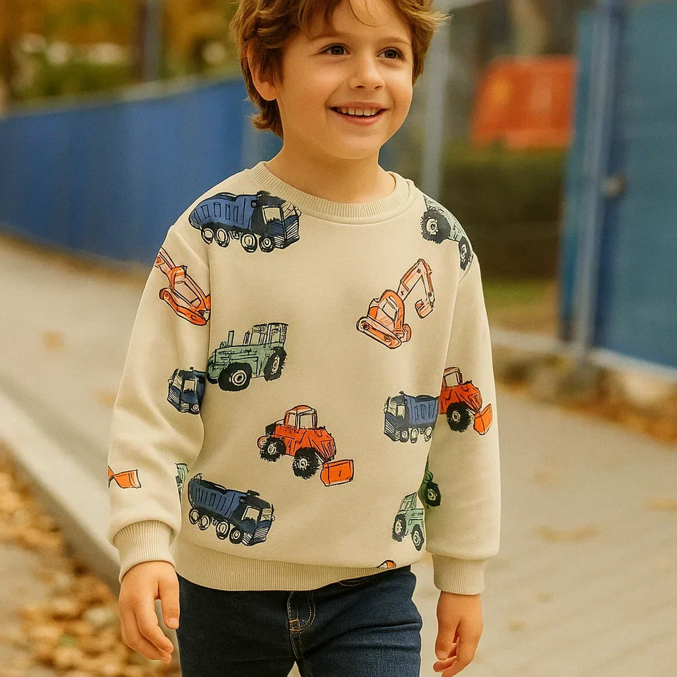 TruckTales – Blød og varm - sweater med farverige byggekøretøjer