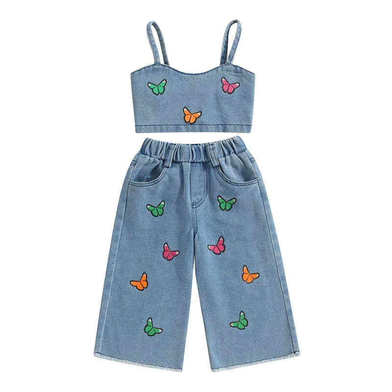 Mini Fashion™ - Smukt broderi - Denim sommersæt
